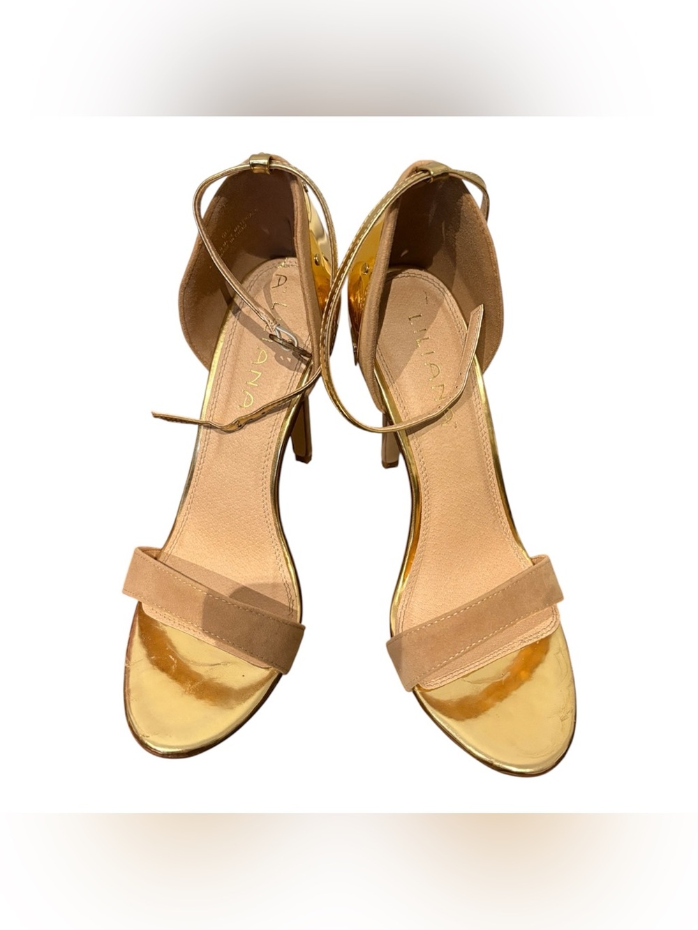 LILIANA Gold and Tan Ankle Strap Stiletto Sandals - Picture 2 of 4